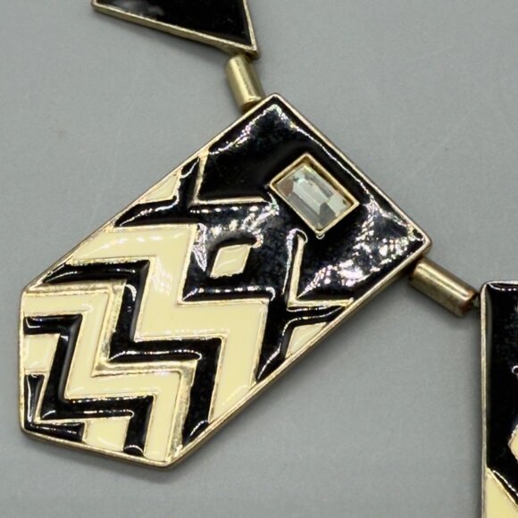 Vintage Gold Tone Chevron Enamel Black Cream Rhinestone Bib Necklace 18" READ - Picture 9 of 15